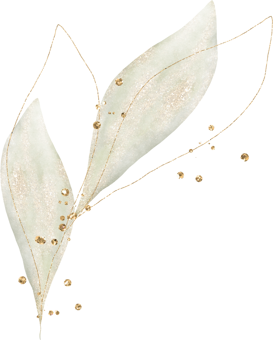 Green watercolor leaves with gold and glitter splatter
